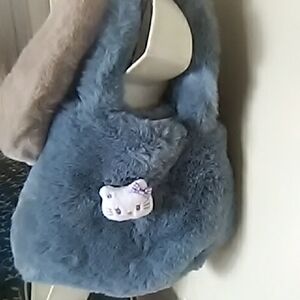 Blue Plush Shoulder Bag with Hello Kitty Pin Decor